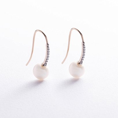 Золотые серьги - петельки "Оливия" с жемчугом и фианитами с08516