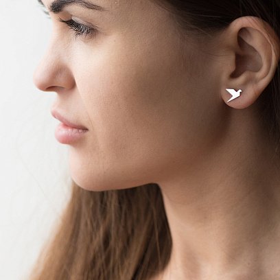 Серебряные серьги-пусеты "Летающие птички" 122639 №2