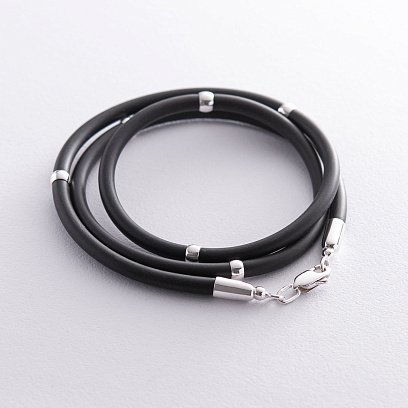 Каучуковий шнурок з гладкою срібною застібкою і вставками зі срібла (4 мм) 18149