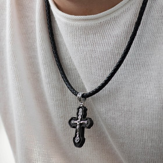 Серебряный крест "Распятие. Спаси и Сохрани" с эбеновым деревом 631 №2