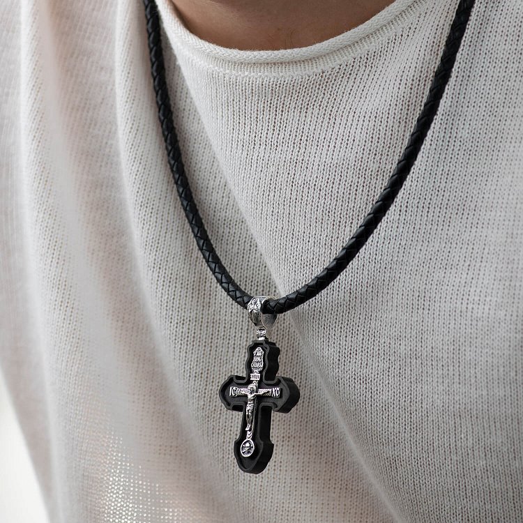 Серебряный крест "Распятие. Спаси и Сохрани" с эбеновым деревом 631 от ювелирного магазина Оникс - 2