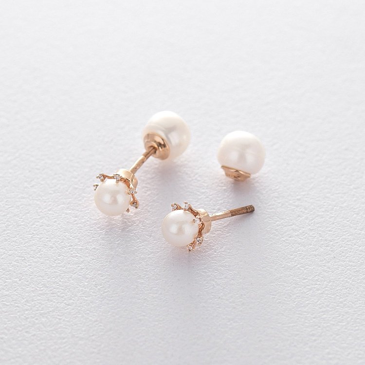 Золоті сережки-пусети (фіаніт, культ. прісн. перлини) с04116 від ювелірного магазину Онікс - 1