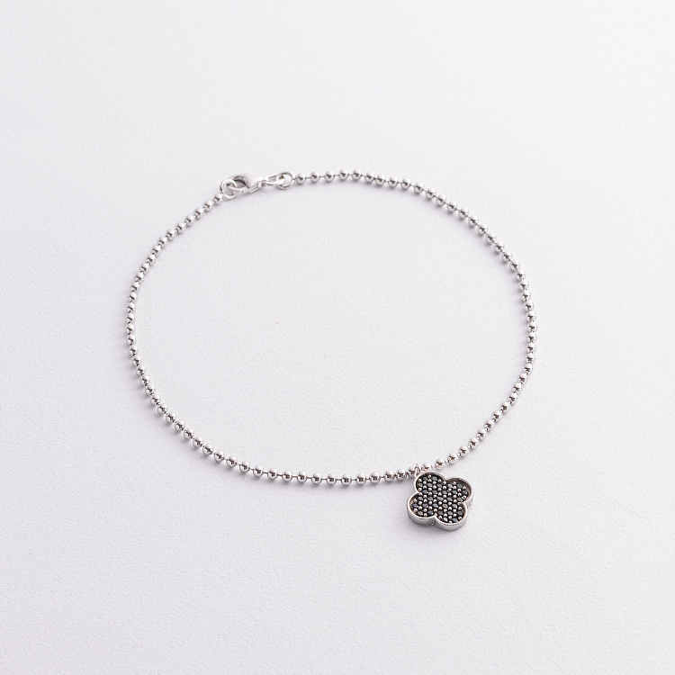 Срібний браслет "Конюшина" на ногу (чорні фіаніти) 141848 від ювелірного магазину Онікс