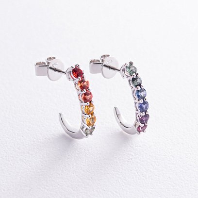 Золотые серьги - пусеты с разноцветными сапфирами сб0410nl