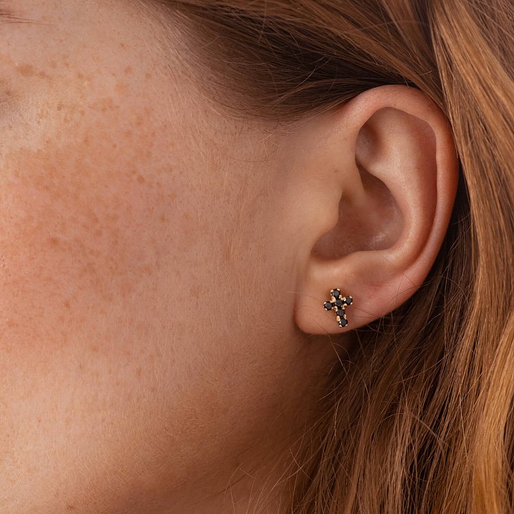 Золоті сережки - пусети "Хрестики" з чорними діамантами 322873122 від ювелірного магазину Онікс - 1