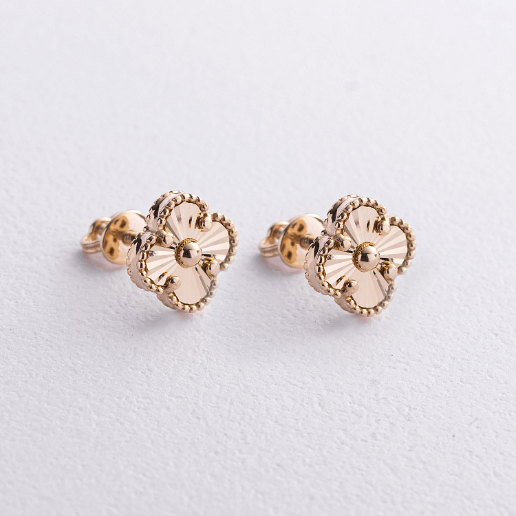 Cерьги - пусеты "Клевер" в желтом золоте с09671 от ювелирного магазина Оникс - 1