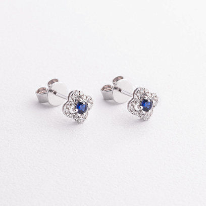 Золотые серьги - пусеты "Клевер" (бриллианты, сапфиры) сб0631ca №2