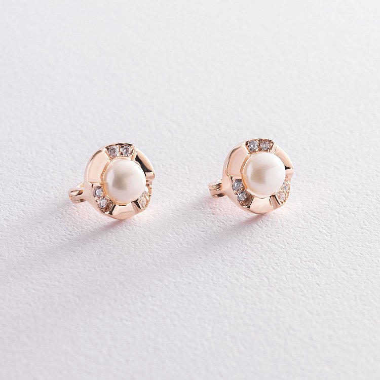 Золотые серьги (жемчуг, фианиты) с07360 от ювелирного магазина Оникс