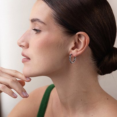 Срібні сережки - кільця з чорними фіанітами  087610 №2