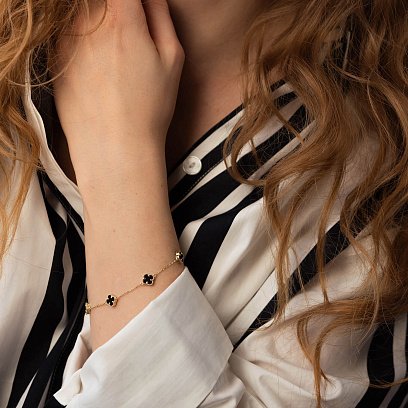 Браслет "Конюшина" з оніксом mini (жовте золото) б05244 №9