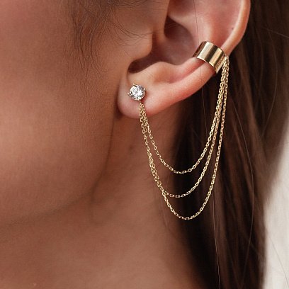 Серьга - каффа "Тринити" в желтом золоте с цепочками (фианит) с08041 №11