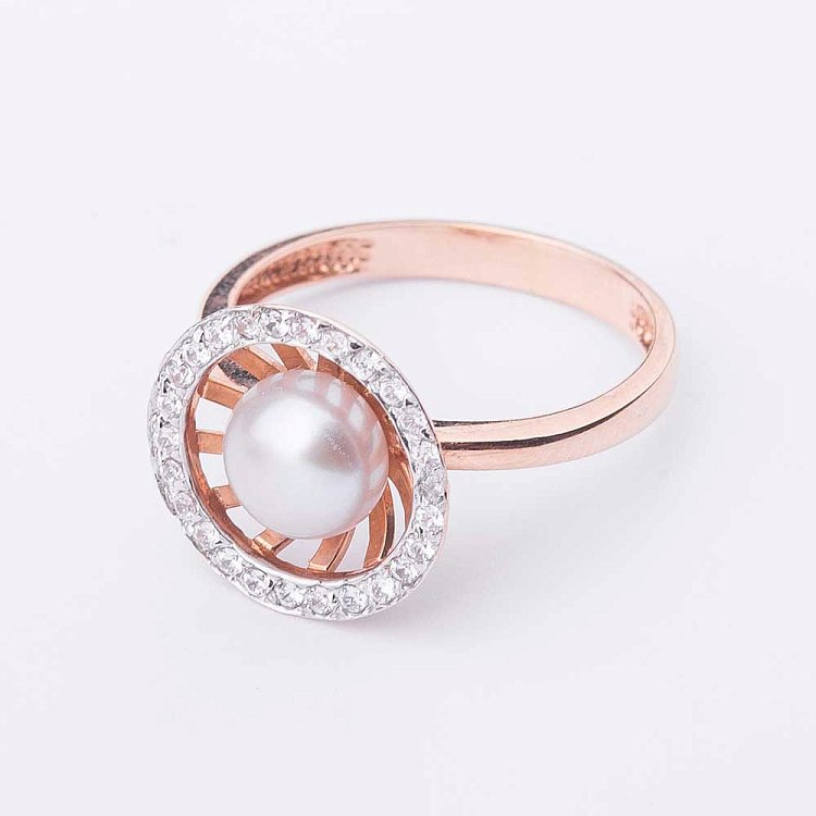 Золотое кольцо с культ. пресн. жемчугом и фианитами к00611 от ювелирного магазина Оникс - 2