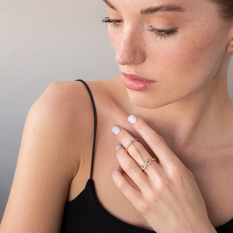 Двойное кольцо из золота с фианитами к04009 от ювелирного магазина Оникс - 2