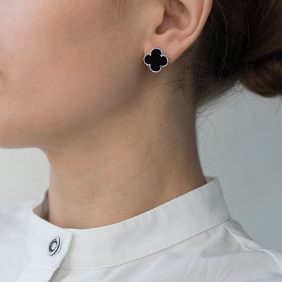 Срібні сережки "Конюшина" з оніксом 122112 №3