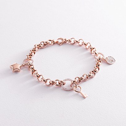 Браслет у червоному золоті "Серце, ключ і зірочка" (фіаніти) б04876