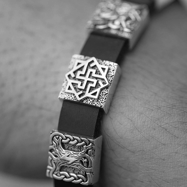 Чоловічий срібний браслет "Мідгард Вікінгів" (шкіра) OR134710 - 5 Чоловічий срібний браслет "Мідгард Вікінгів" (шкіра) OR134710 від ювелірного магазину Онікс - 5