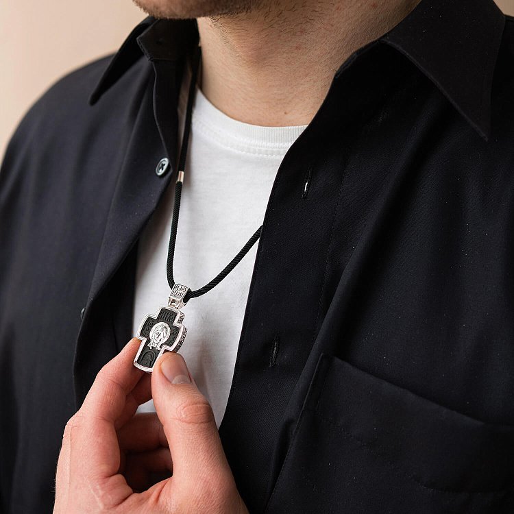 Чоловічий православний хрест "Спас Нерукотворний. Архангел Михаїл" з ебенового дерева та срібла 1052 від ювелірного магазину Онікс - 10