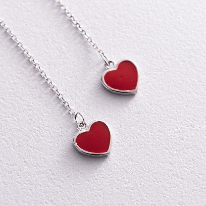 Серебряные серьги "Сердечки" на цепочке (эмаль) 122304 №4