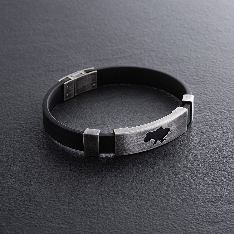 Каучуковый браслет "Карта Украины" с серебряными вставками 1081 от ювелирного магазина Оникс