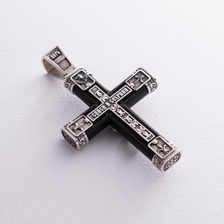 Срібний хрест "Розп'яття. Спаси та Збережи" з ебеновим деревом 981 від ювелірного магазину Онікс - 2