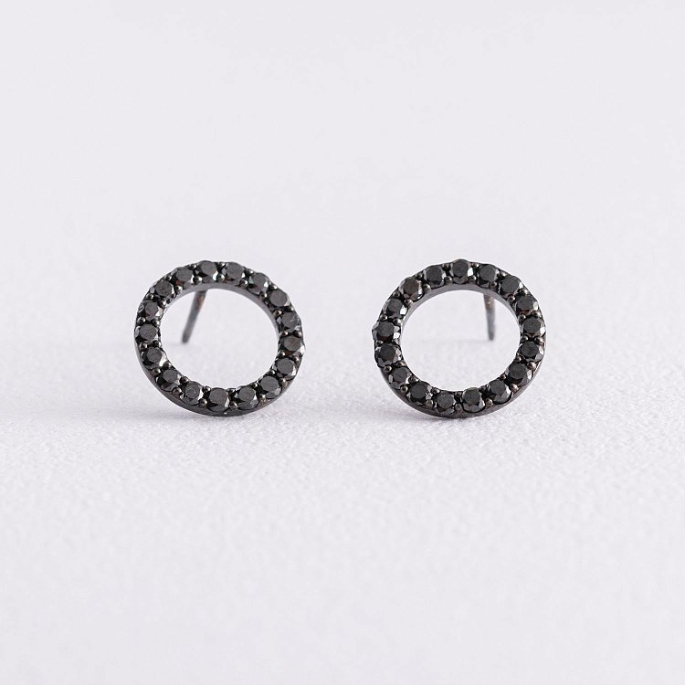 Золотые серьги - пусеты "Круговорот" (черные бриллианты) 1.2 см сб0357di от ювелирного магазина Оникс - 1