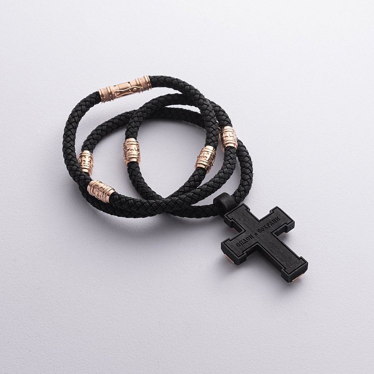 Мужской православный крест "Распятие. Спаси и Сохрани" на шнуре из эбенового дерева и золота кол02245 от ювелирного магазина Оникс - 2