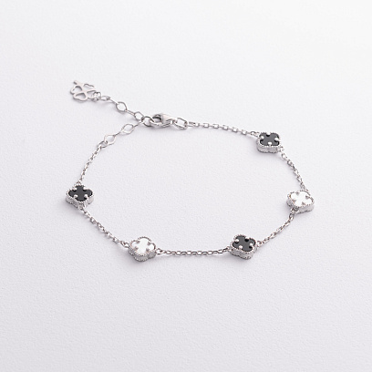 Срібний браслет "Конюшина" (онікс, перламутр) 141845