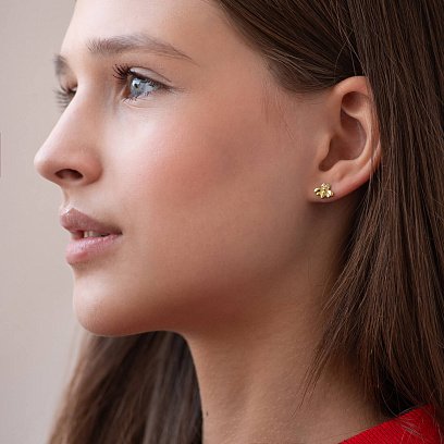 Серьги - пусеты "Пчелки" в желтом золоте (фианиты) с08570 №4