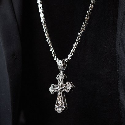 Срібний хрест "Розп'яття. Спаси і Збережи" з ебеновим деревом 851 №6