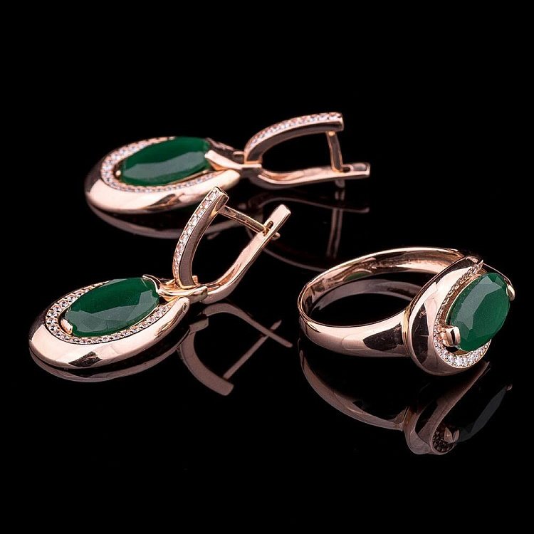 Золотий набір з хризопразом (фіаніти) к03276к від ювелірного магазину Онікс - 1