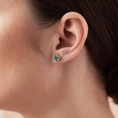 Сережки - пусети "Конюшина" з малахітом mini (біле золото) с08412 №5