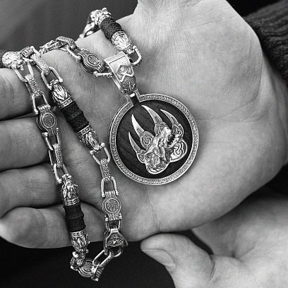 Мужская серебряная цепочка "Волки" с эбеновым деревом 812 №11