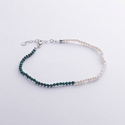 Серебряный браслет "Жемчужинки и малахит" на ногу 141660