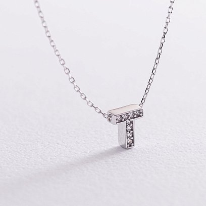 Колье с буквой "Т" в белом золоте (фианиты) кол01329Т