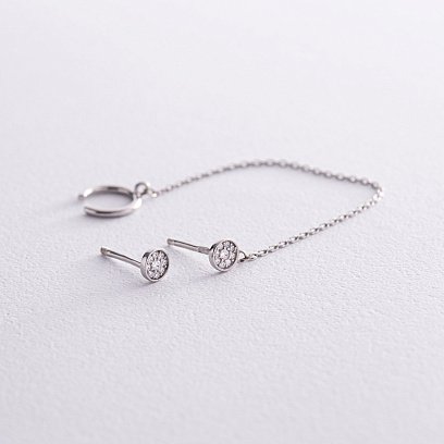 Асимметричные серебряные серьги - пусеты с фианитами (серьга - каффа) 902-00898 №2