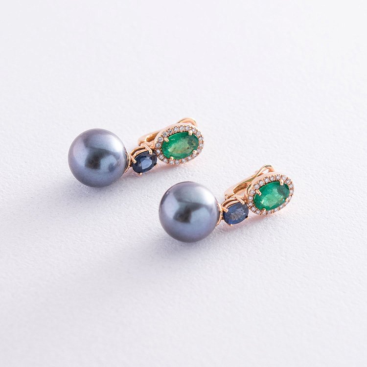 Золотые серьги (жемчуг, изумруд, бриллиант) сб0489di от ювелирного магазина Оникс - 4