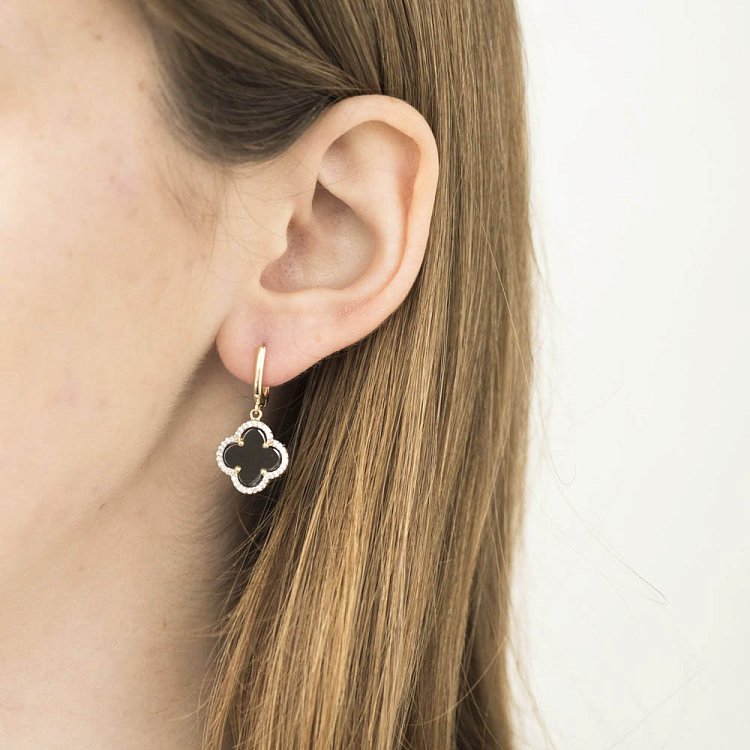 Золоті сережки "Конюшина" (фіаніти, онікс) с05126 від ювелірного магазину Онікс - 2