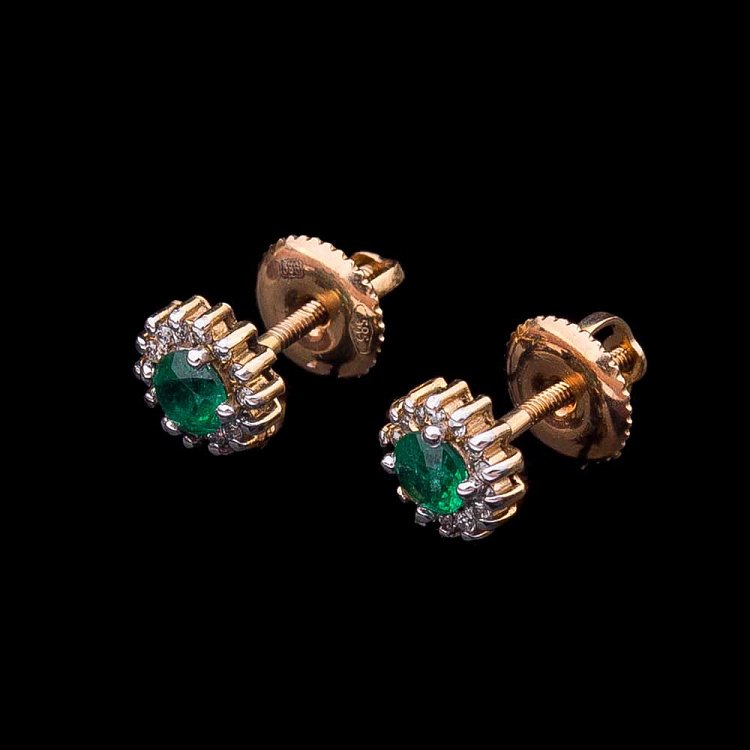 Золотые серьги-пусеты с бриллиантами и изумрудами 5827 от ювелирного магазина Оникс - 3
