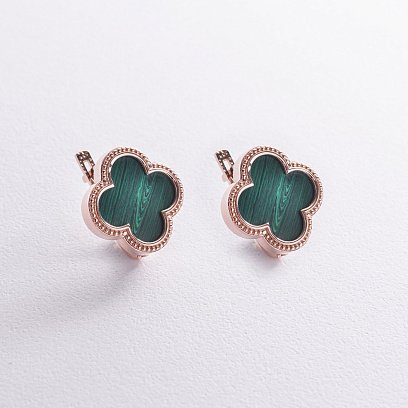 Золоті сережки "Конюшина" з малахітом с09012