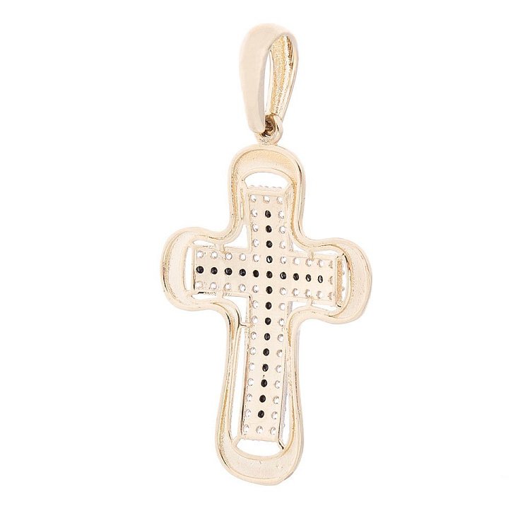Золотой крестик с белыми и черными фианитами п02867 от ювелирного магазина Оникс - 1