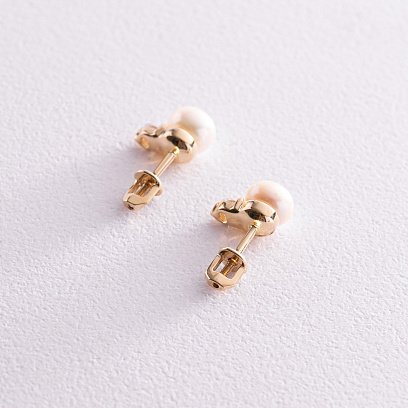 Сережки - пусети з перлами і фіанітами (жовте золото) с08033 №3