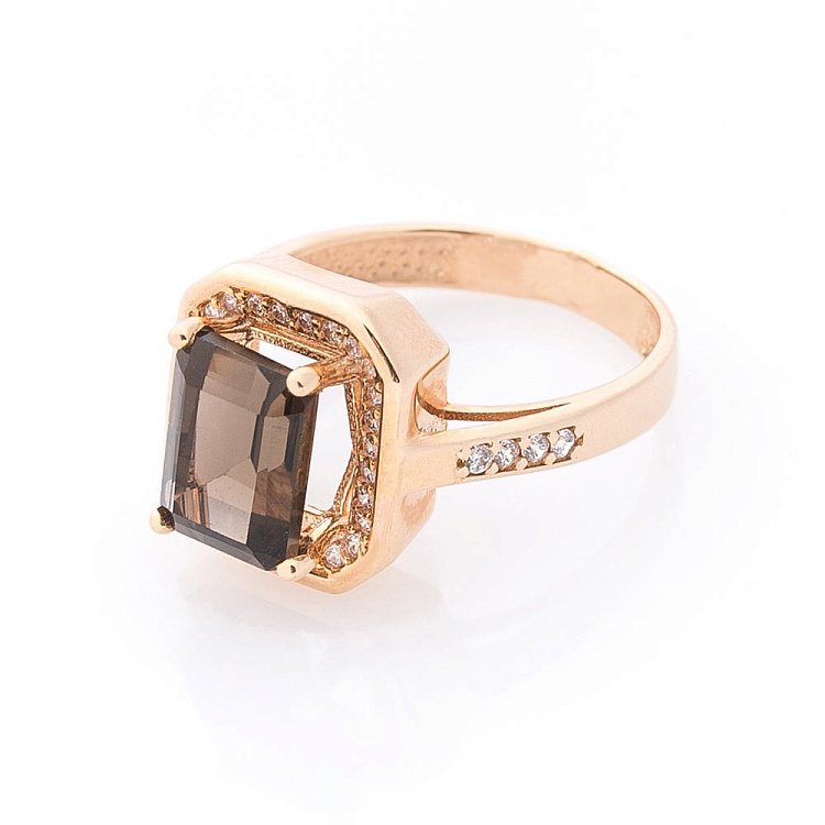 Золотое кольцо (дымчатый кварц, фианиты) к03586 от ювелирного магазина Оникс - 1