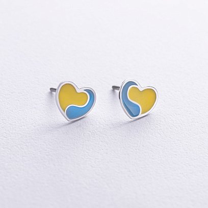 Серьги - пусеты "Украинское сердце" в серебре (голубая и желтая эмаль) 1018