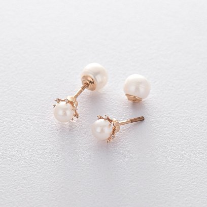 Золотые серьги-пусеты (фианит, культ. пресн. жемчуг) с04116 №2