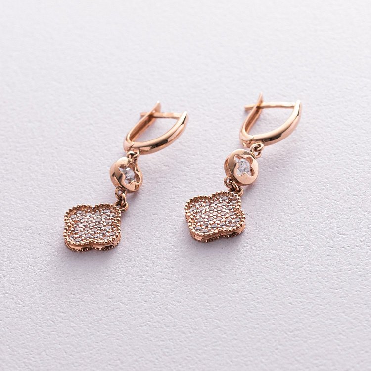 Золотые серьги "Клевер" с фианитами с04477 от ювелирного магазина Оникс - 1