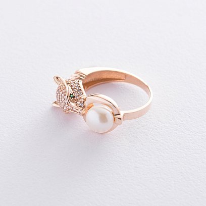Золотое кольцо "Пантера" (фианиты, жемчуг) к06068
