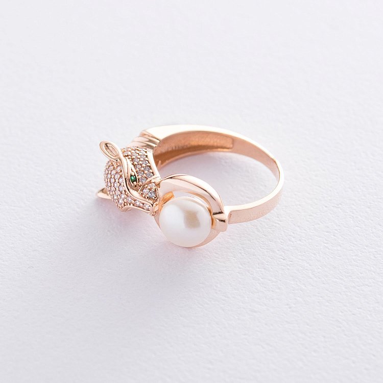 Золотое кольцо "Пантера" (фианиты, жемчуг) к06068 от ювелирного магазина Оникс