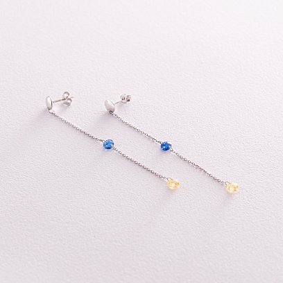 Висячі золоті сережки - пусети "Українка" (блакитні та жовті фіаніти) с08101