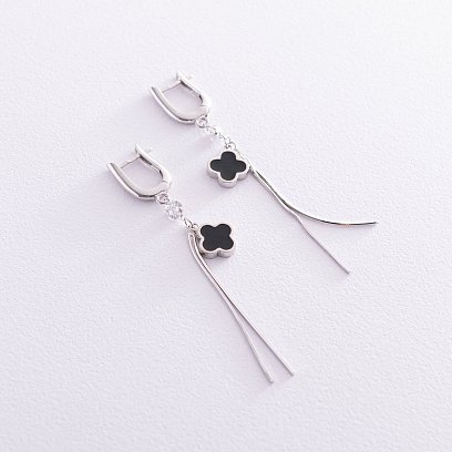 Срібні сережки "Конюшина" (емаль, фіаніт) 122806