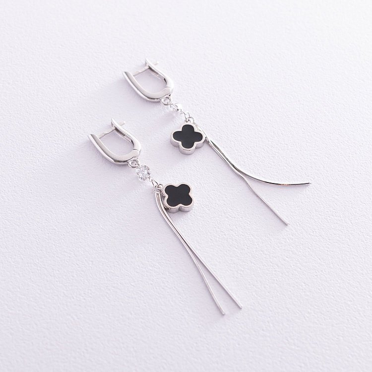 Срібні сережки "Конюшина" (емаль, фіаніт) 122806 від ювелірного магазину Онікс